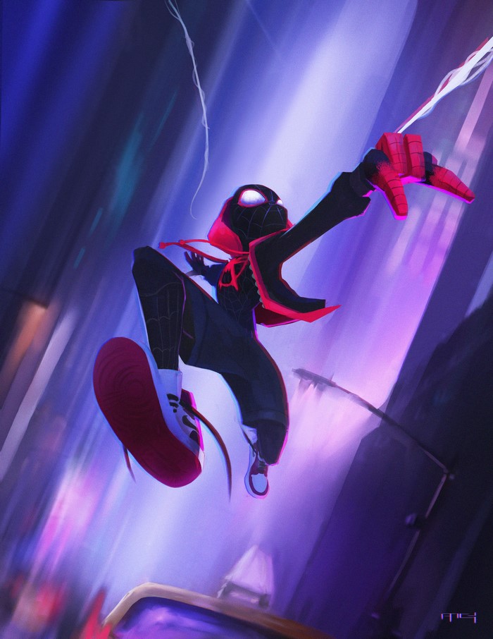 Miles Morales Spider-Man swinging through a neon city
