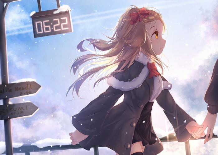 Anime girl holding hands in winter
