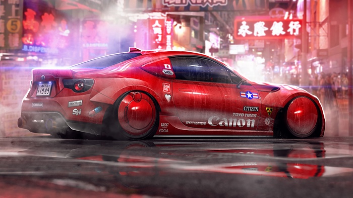 Cyberpunk Red Car in Neon City