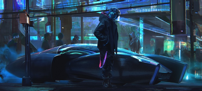 Cyberpunk character with futuristic car in neon city