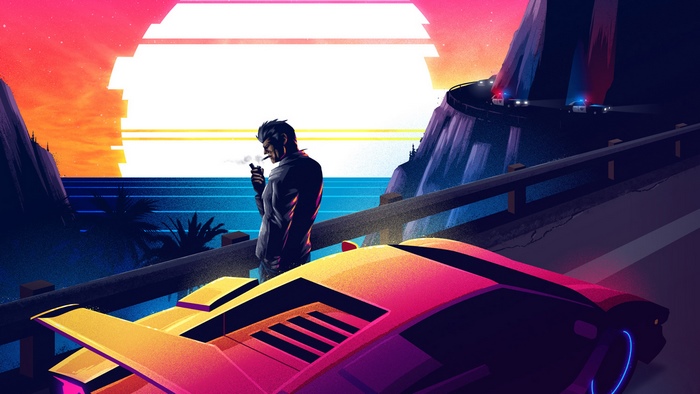 Man smoking by a sports car with police cars on a mountain road