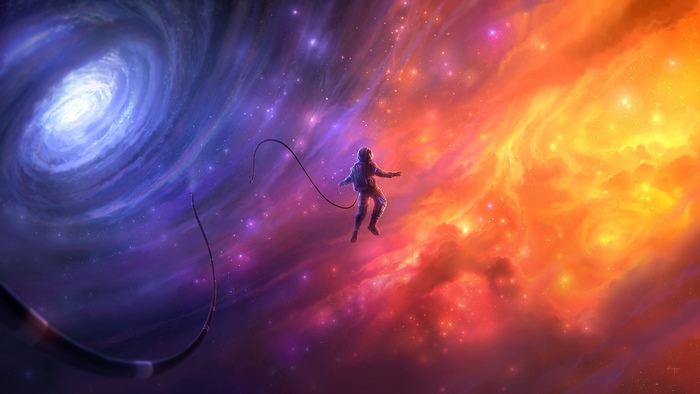 Astronaut floating in a colorful nebula and galaxy