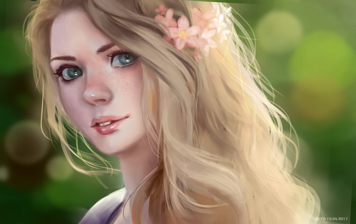 Artwork of a blonde woman with flowers in her hair