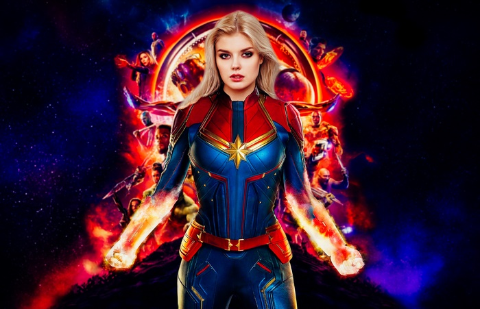 Captain Marvel Cosplayer with Avengers Background