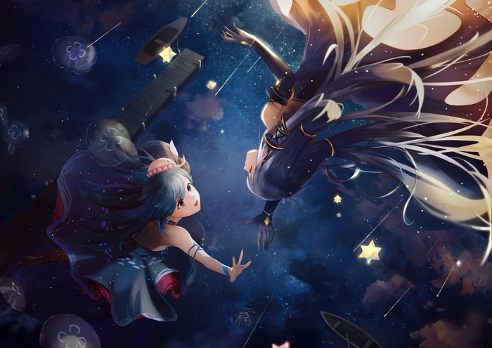 Haiyi and Stardust from Vocaloid in a starry sky