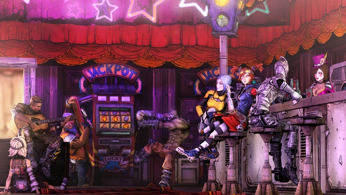 Borderlands characters at a bar with slot machines