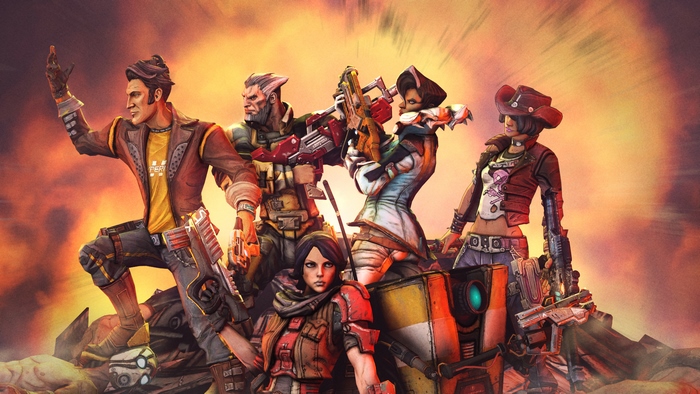 Borderlands characters with Claptrap and Handsome Jack
