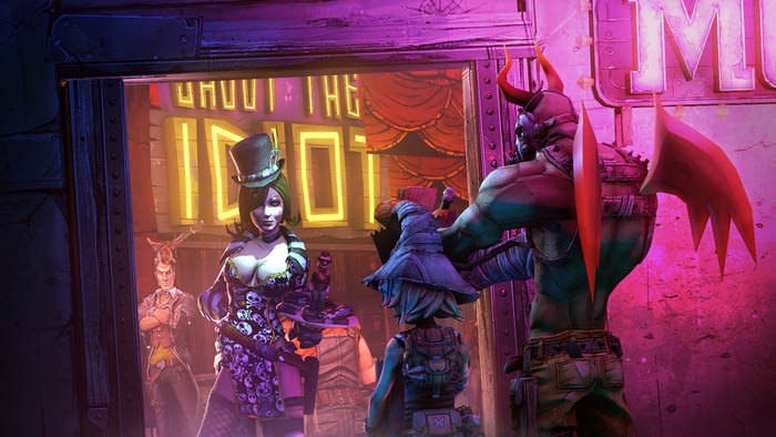 Characters from Borderlands in a neon-lit establishment