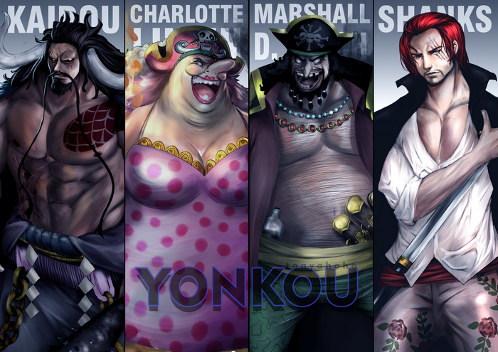Kaido, Charlotte Linlin, Marshall D. Teach, and Shanks from One Piece