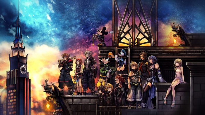 Kingdom Hearts characters on a rooftop at night