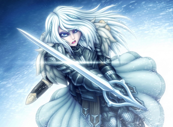 Woman warrior with white hair and sword