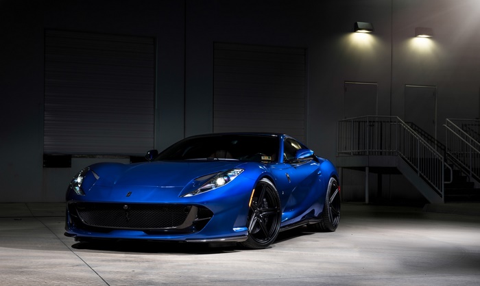 Blue Ferrari 812 Superfast Sport Car at Night