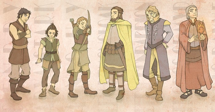 Group of men and a young girl in medieval attire