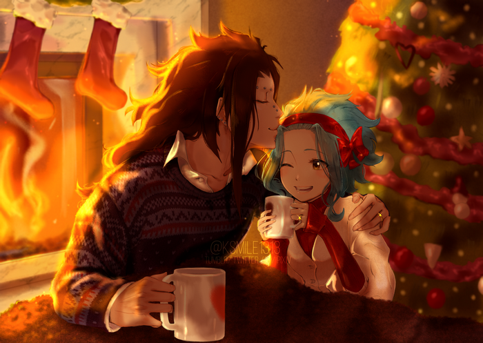 Gajeel Redfox and Levy McGarden by a fireplace