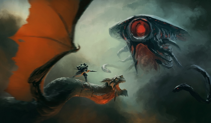 Knight riding a dragon fighting an alien monster