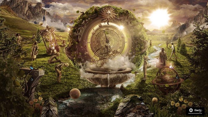 Mystical Clock Surrounded by Fantasy Landscape