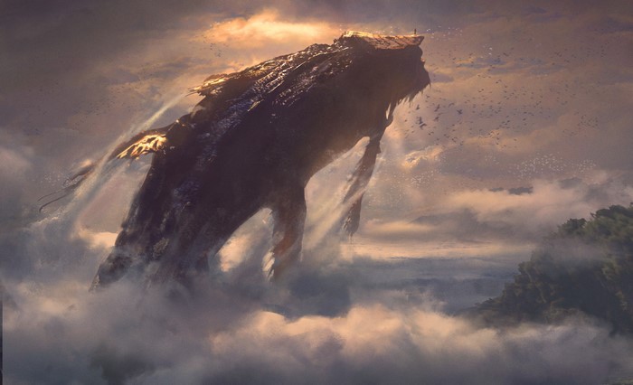 Giant whale-like creature in the sky with a person on its back