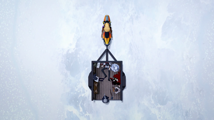 RWBY characters on a cargo lift