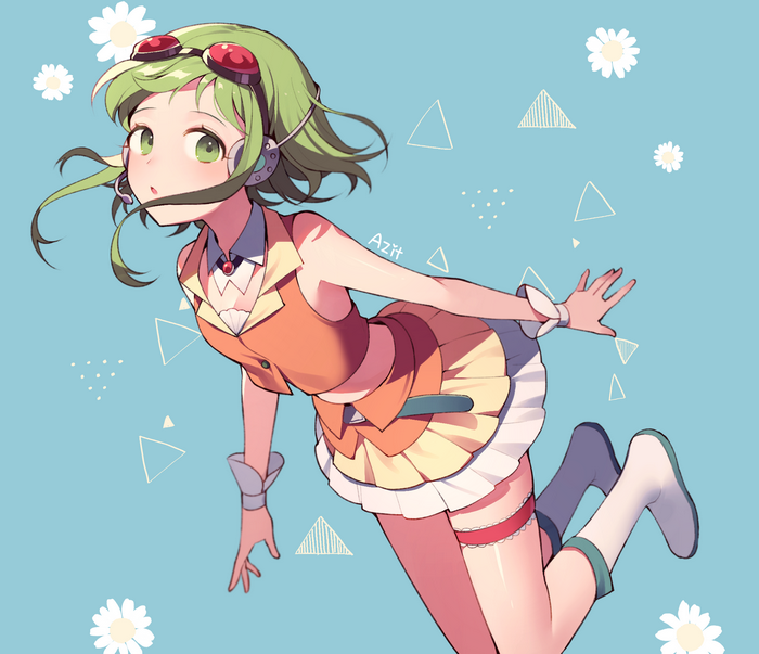 GUMI (Vocaloid) flying with daisies and triangles