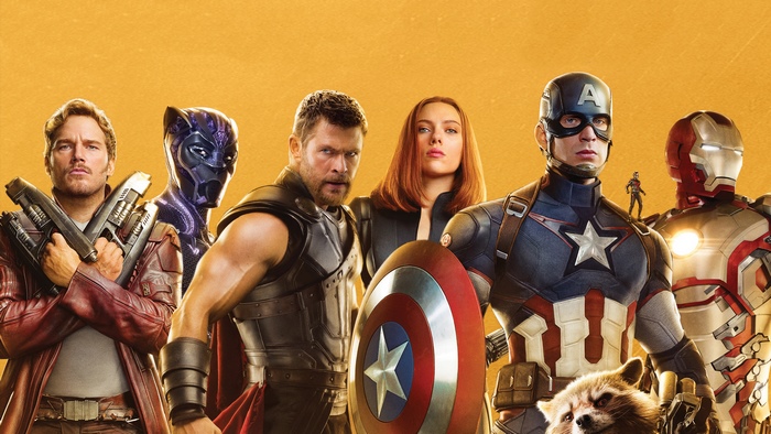 Star Lord, Black Panther, Thor, Black Widow, Captain America, Iron Man, Ant-Man, and Rocket