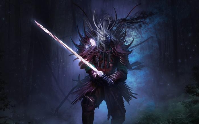 Warrior with glowing katana in a dark forest