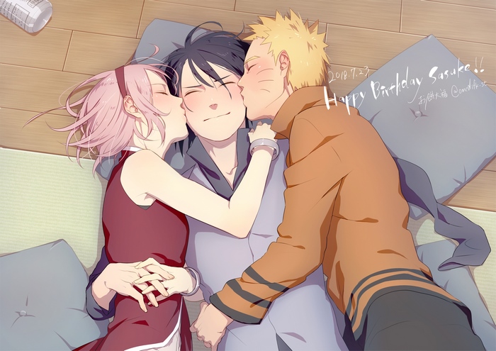 Sasuke Uchiha with Sakura and Naruto in Warm Embrace