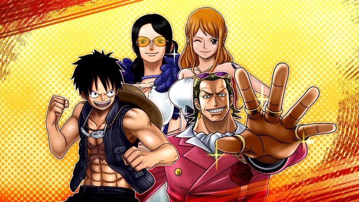 Monkey D. Luffy, Nico Robin, Nami, and Gild Tesoro from One Piece