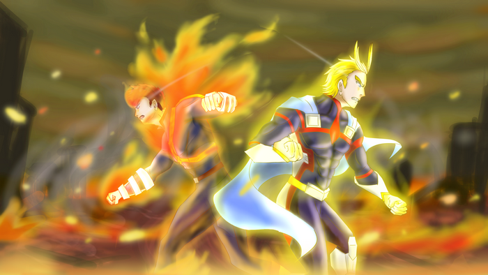 All Might and Endeavor from My Hero Academia in battle