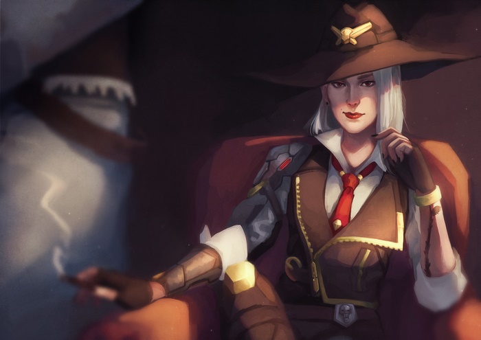 Ashe from Overwatch smoking a cigarette