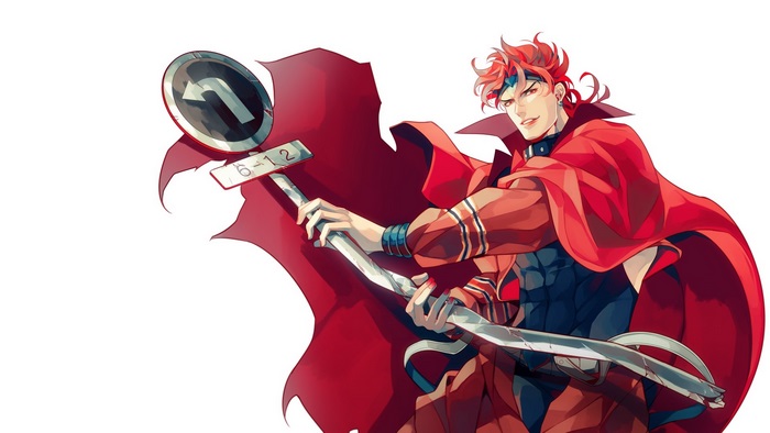 Dio Brando from JoJo's Bizarre Adventure holding a signpost