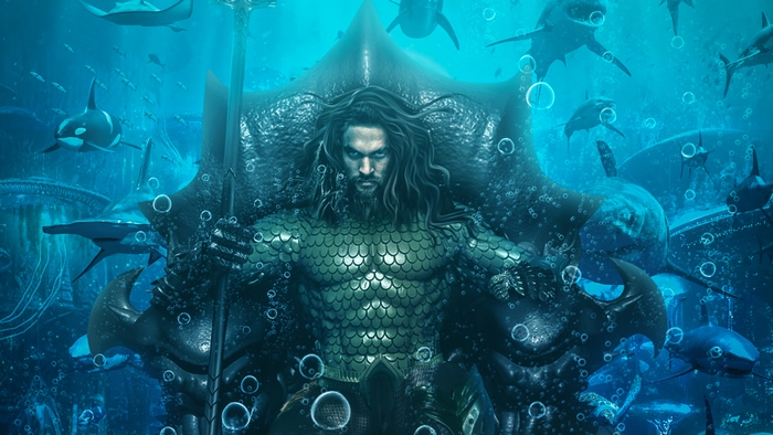 Aquaman from DC Comics sitting on a throne surrounded by sea creatures