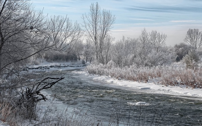 Winter river flowing through a frosted landscape