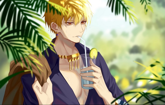 Gilgamesh from Fate/Grand Order drinking a beverage