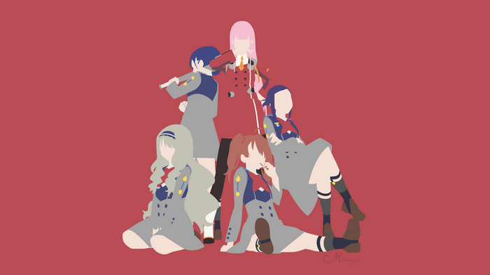 Zero Two, Kokoro, Ikuno, Ichigo, and Miku from Darling in the FranXX