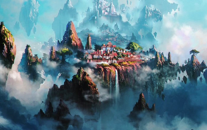 Floating islands with a town and waterfalls
