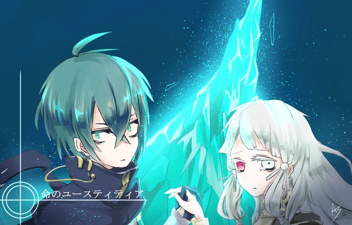 Two anime characters with green and white hair near a crystal