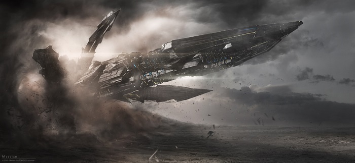 Spaceship crashing in a stormy landscape