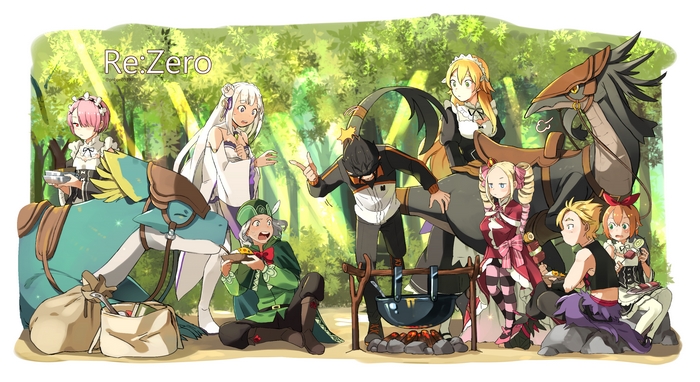 Re:Zero characters camping in a forest