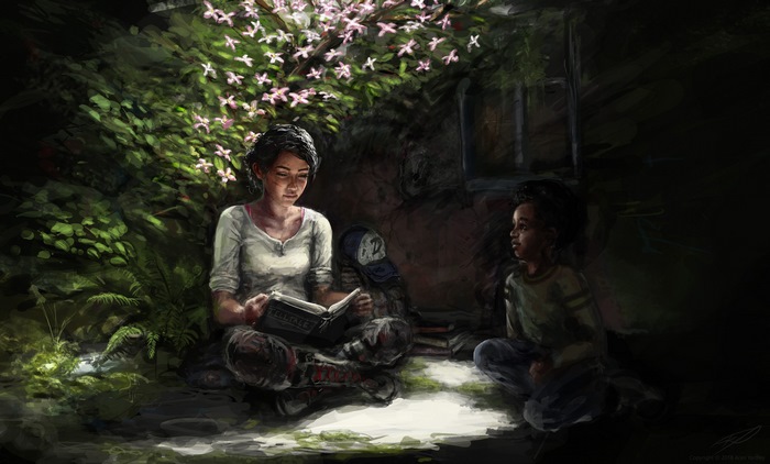 Clementine Reading with Child in Peaceful Garden The Walking Dead