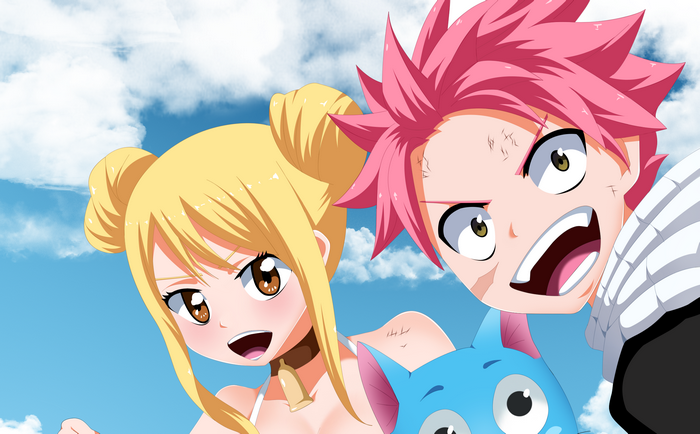 Lucy Heartfilia, Natsu Dragneel, and Happy from Fairy Tail