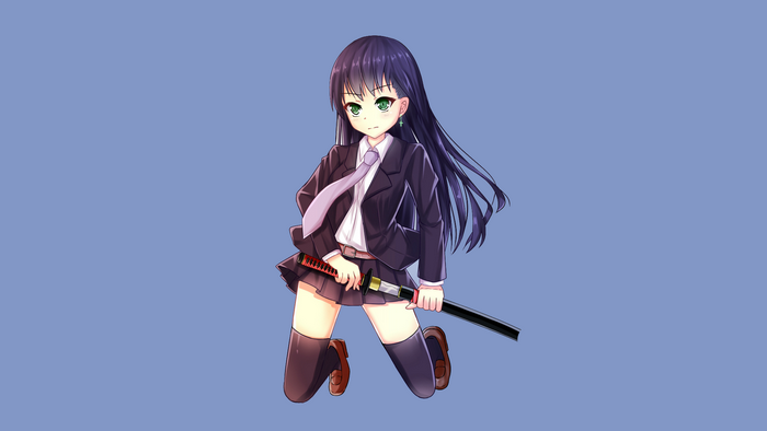 Girl with purple hair and sword in school uniform