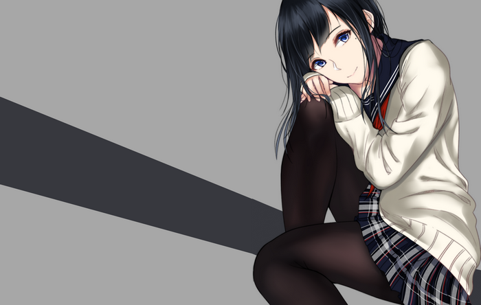 Anime girl with blue eyes and black hair in school uniform