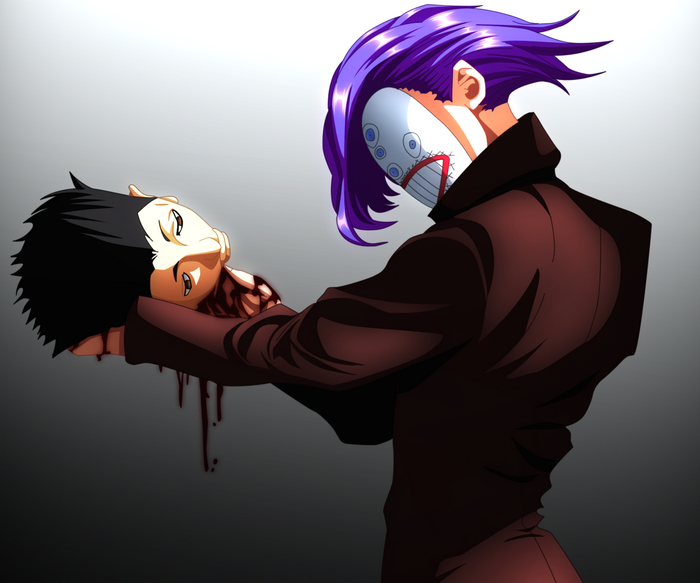 Uta from Tokyo Ghoul holding a severed head