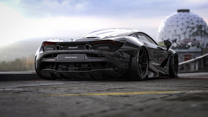 Black McLaren 720S parked near a geodesic dome