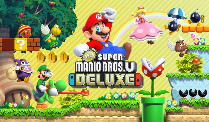 New Super Mario Bros. U Deluxe with Mario, Luigi, Yoshi, Peach, and Nabbit