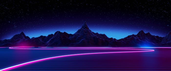Neon mountains under starry night sky