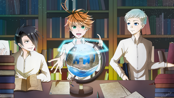 Emma, Norman, and Ray from The Promised Neverland in a library