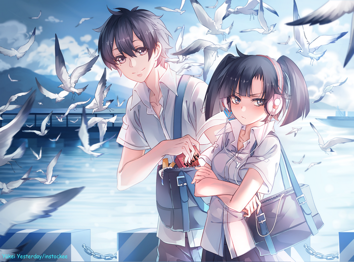 Shintaro Kisaragi and Hiyori Asahina from Kagerou Project with seagulls