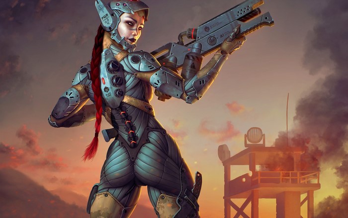 Woman in futuristic armor holding a gun