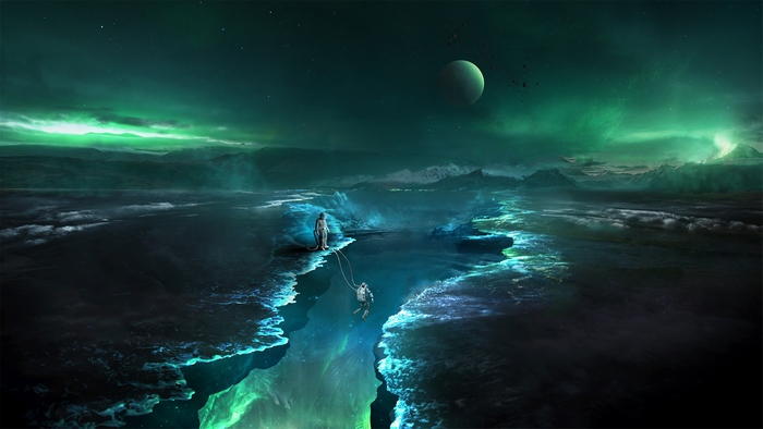 Astronauts exploring an alien planet with a large moon